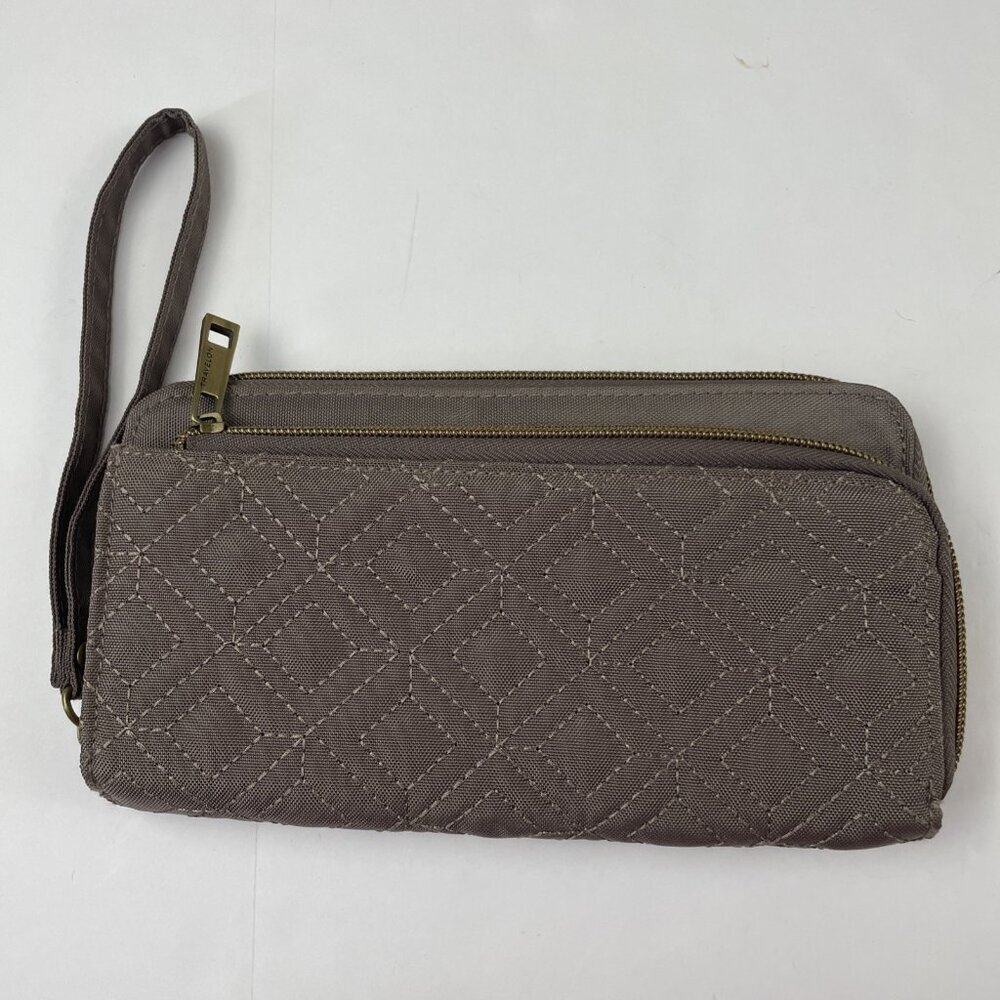 Travelon Wristlet Zip Around Wallet RFID Diamond Quilt Polyester Canvas Gray